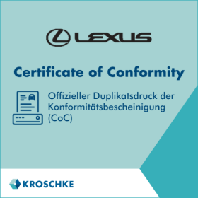 Lexus Logo auf türkisem Hintergrund und CoC Duplikatsdruck als blauer Titel.