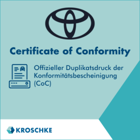 Toyota Logo auf türkisem Hintergrund und CoC Duplikatsdruck in blauer Schrift.