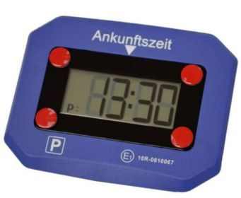 Die blaue, elektronische Parkscheibe ESCARBO PARK+ für Autos.