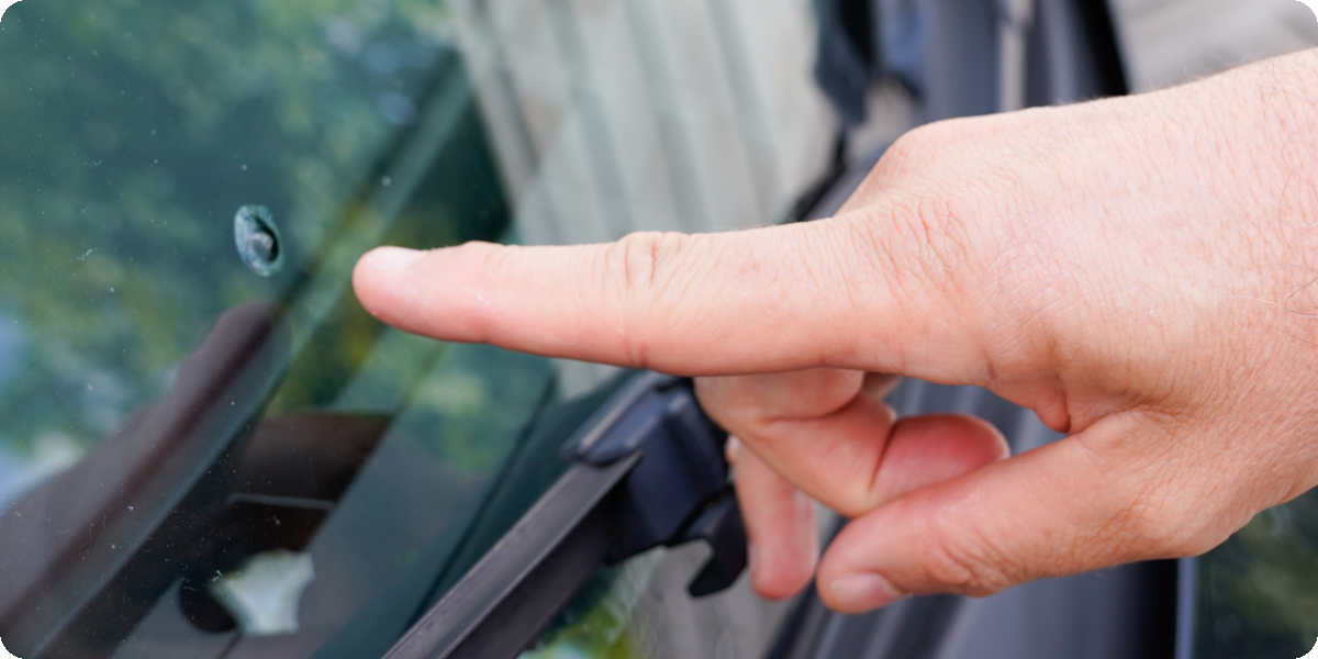 Person zeigt auf einen Steinschlag in der Windschutzscheibe.