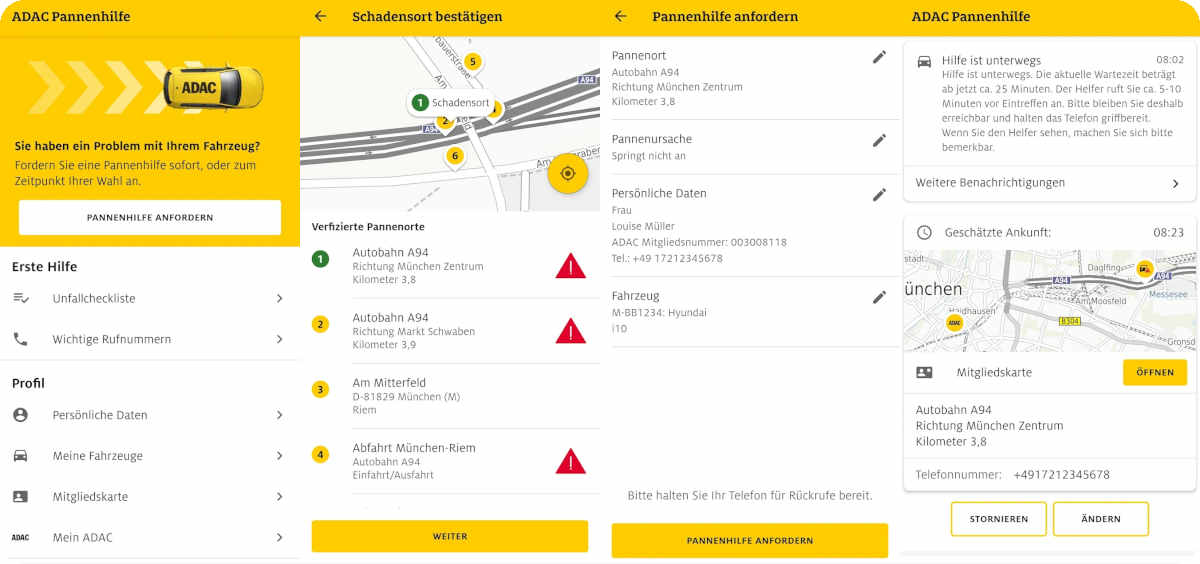 Abbildung der Nutzeroberfläche der ADAC Pannenhilfe App.