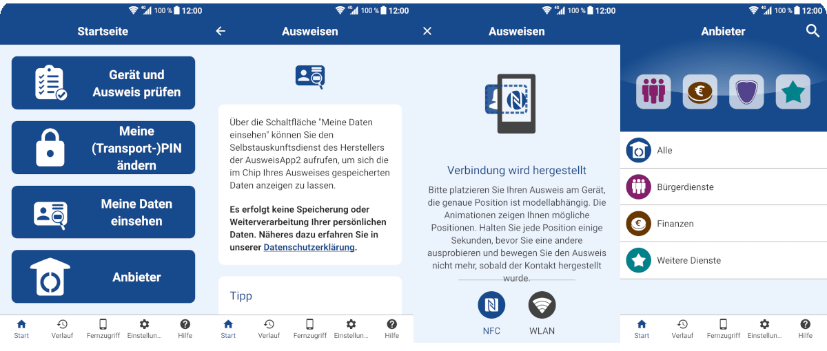 Screenshots der Benutzeroberfläche von der Ausweisapp für den elektronischen Personalausweis.