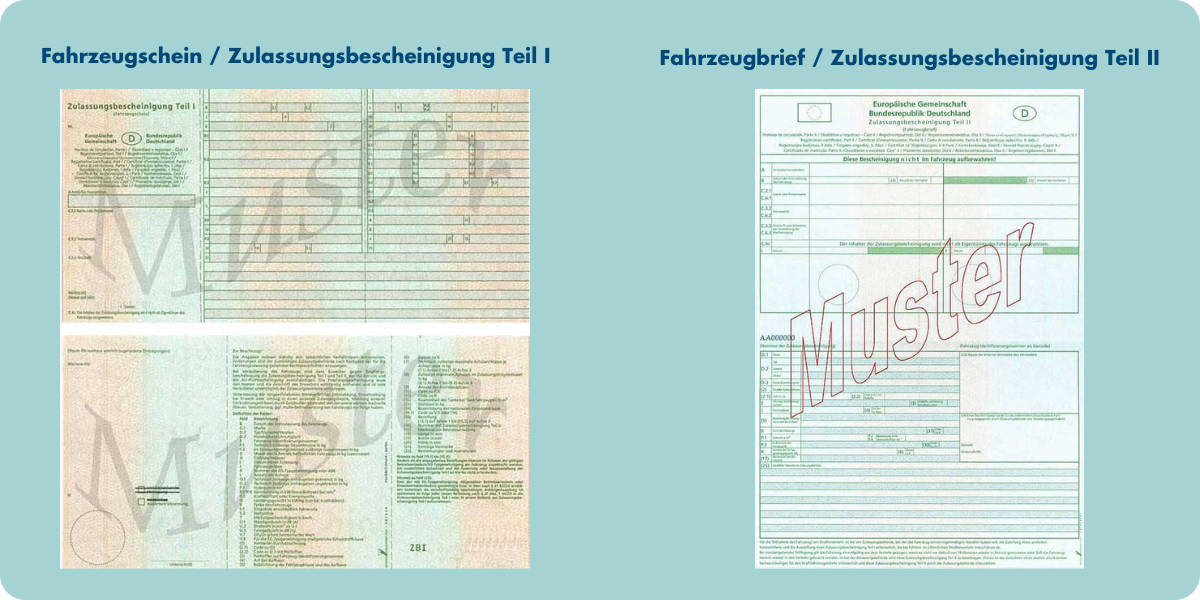 Ein Scan von einem Fahrzeugbrief und Fahrzeugschein nebeneinander.