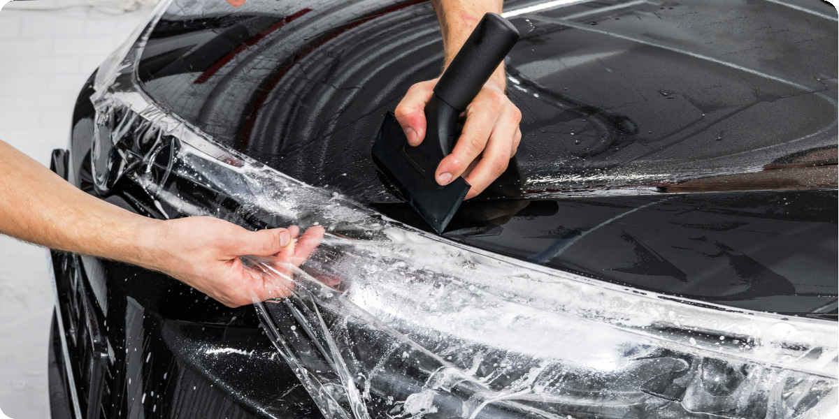 Eine schwarze Motorhaube wird mit einer Schutzfolie überzogen.