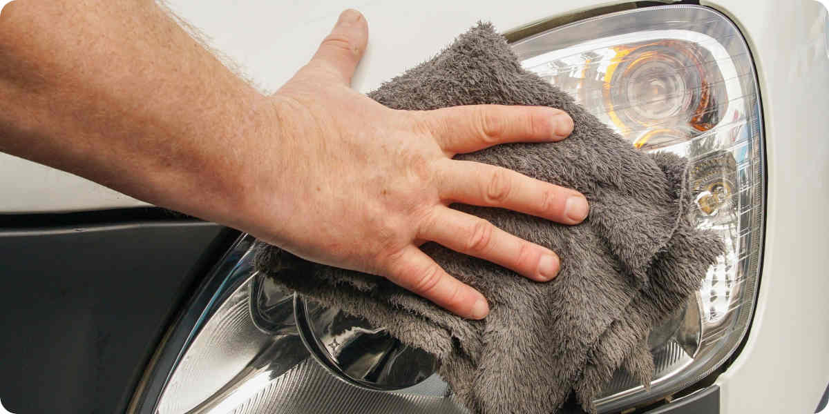 Eine Hand reinigt den Scheinwerfer f&uuml;r die Politur mit einem Mikrofasertuch.