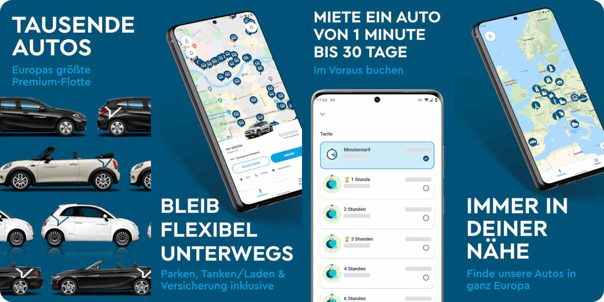 Abbildung der Nutzeroberfläche der Share Now App.