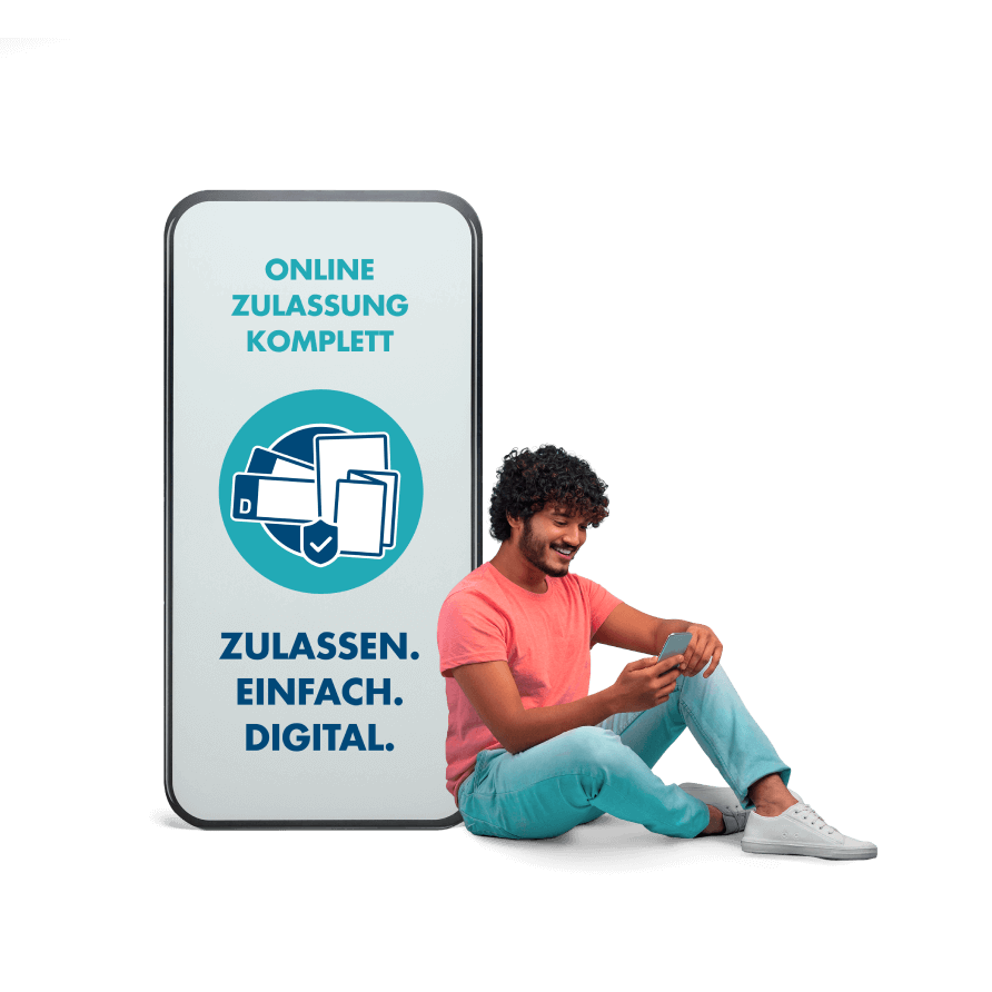 Ein Mann sitz an einem überdimensionalen Smartphone auf dem zulassen einfach digital steht.