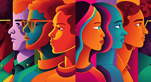 Bunte Illustration sechs verschiedenfarbiger Gesichter